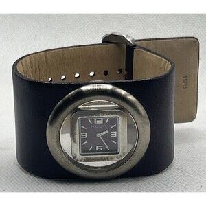 Kenneth Cole Reaction Digital Square Silver Tone Burgundy Leather Wide Band